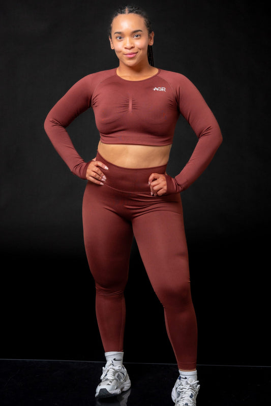 Fitness Yoga Apparel Long Sleeves/Leggings Brown Set