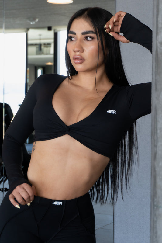 Belle Long Sleeve Crop Top Black Color
